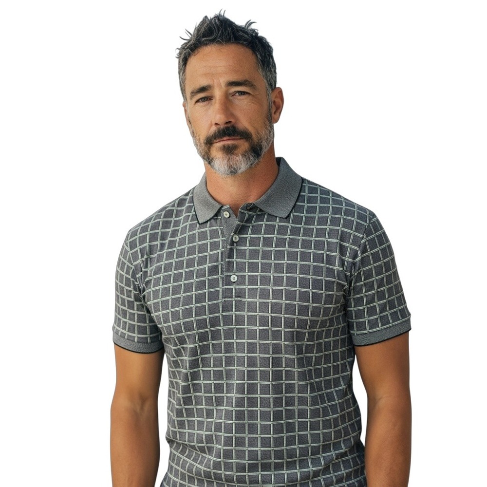 Harold Powell Mens Gray Checkered Polo Shirt Classic‎ Fit Golf Casual Size L